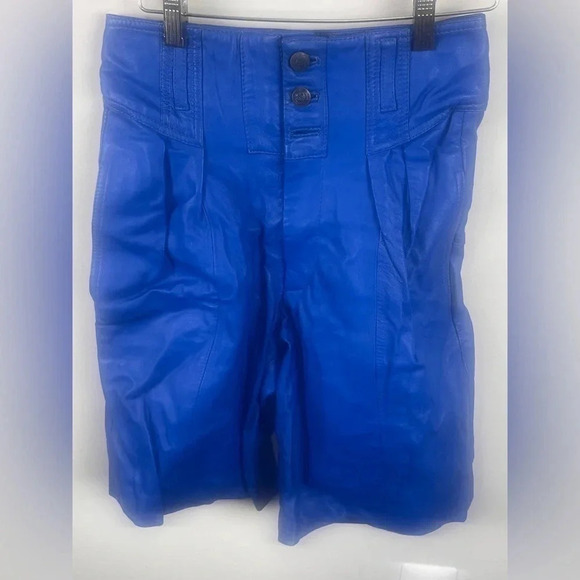 Royal Blue Genuine Leather Cropped Jacket And High Waist Shorts Set - Picture 3 of 15